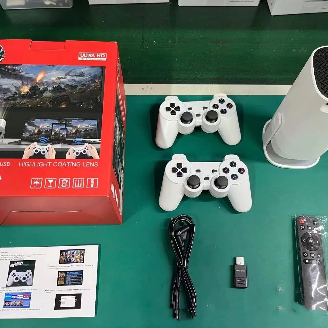 Gamebox Plus™ – Proyector HD cine en casa y 3000 Juegos Retro + 2 Mandos